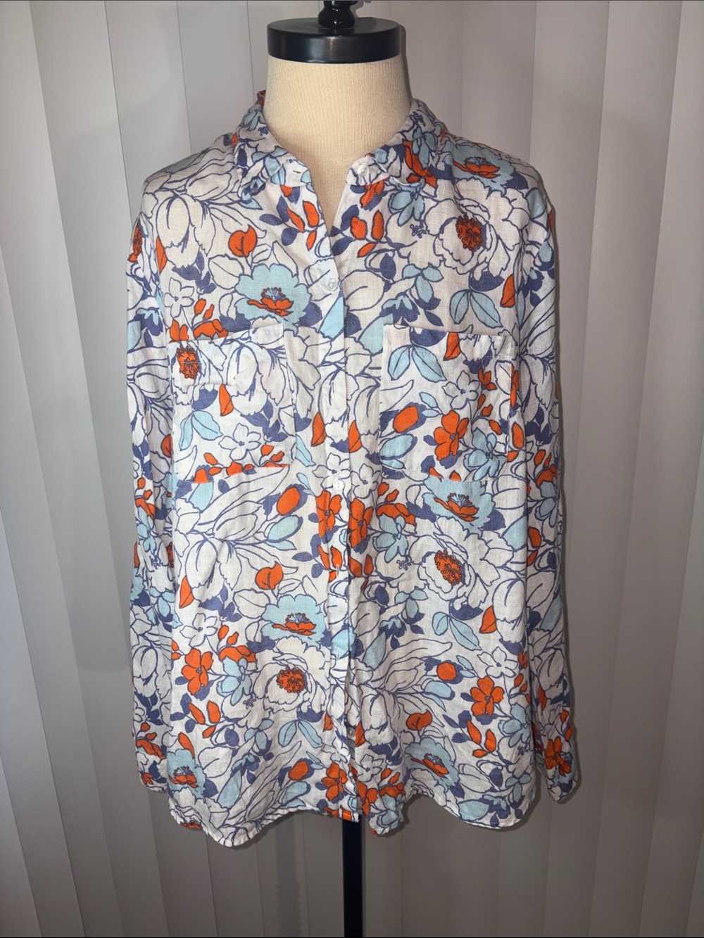 Charter Club Women's XL Floral Linen Button Up Shirt Blue Orange Long Sleeve